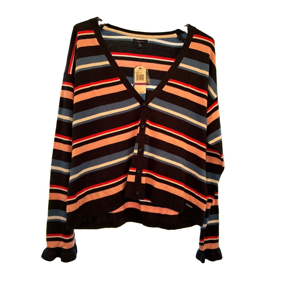 Nautica NWT Womens 2XL Cardigan Sweater Navy Pink White Striped Nautical $90